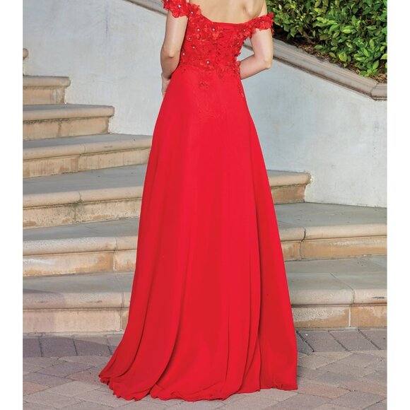 New Off Shoulder Long A-Line Floral Dress w/ Leg Slit & Lace Up Back DQ 4268 - Picture 6 of 9